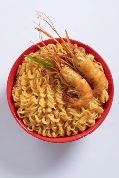 Plane, chicken, egg, beef, prawn instant noddle's isolated on white backgroun Stock Photos