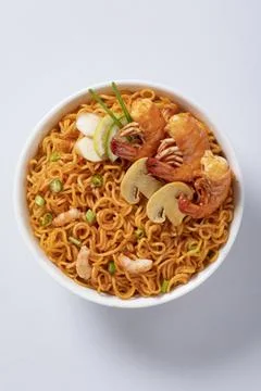 Plane, chicken, egg, beef, prawn instant noddle's isolated on white backgroun Stock Photos