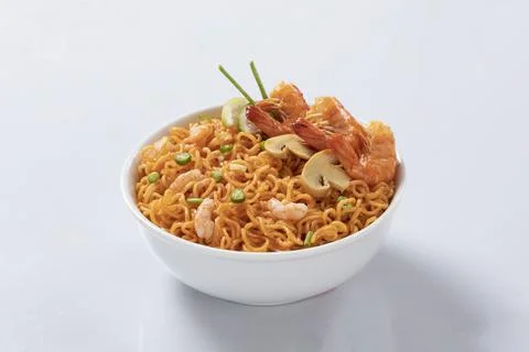 Plane, chicken, egg, beef, prawn instant noddle's isolated on white backgroun Stock Photos