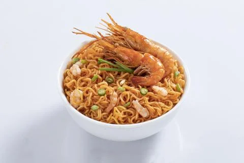 Plane, chicken, egg, beef, prawn instant noddle's isolated on white backgroun Stock Photos