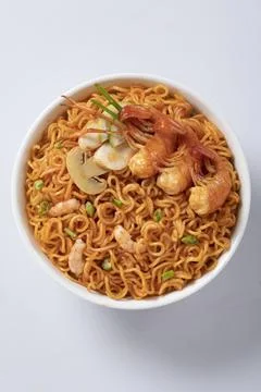 Plane, chicken, egg, beef, prawn instant noddle's isolated on white backgroun Stock Photos