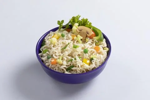 Plane, chicken, egg, beef, prawn instant noddle's isolated on white backgroun Stock Photos