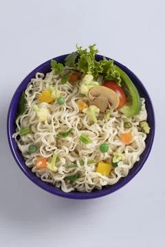 Plane, chicken, egg, beef, prawn instant noddle's isolated on white backgroun Foto stock