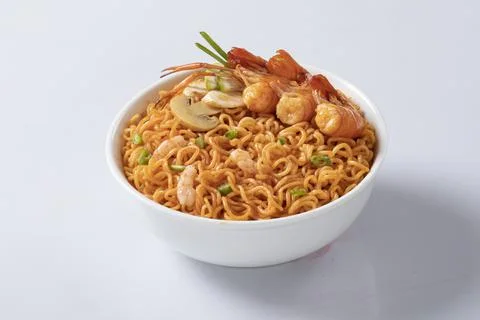 Plane, chicken, egg, beef, prawn instant noddle's isolated on white backgroun Stock Photos