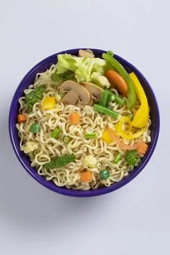 Plane, chicken, egg, beef, prawn instant noddle's isolated on white backgroun Stock Photos