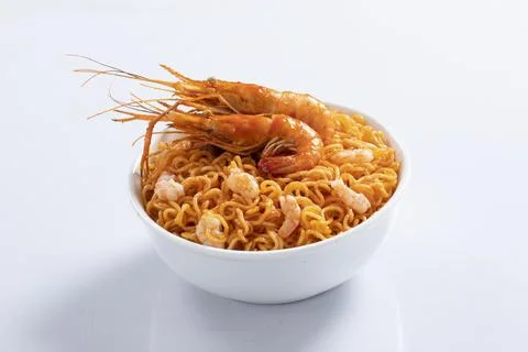 Plane, chicken, egg, beef, prawn instant noddle's isolated on white backgroun Stock Photos