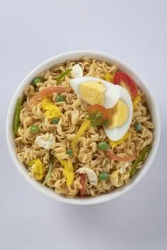 Plane, chicken, egg, beef, prawn instant noddle's isolated on white backgroun Stock Photos