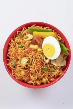 Plane, chicken, egg, beef, prawn instant noddle's isolated on white backgroun Stock Photos