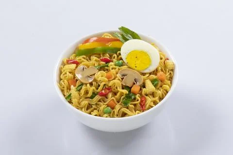 Plane, chicken, egg, beef, prawn instant noddle's isolated on white backgroun Stock Photos