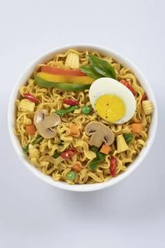 Plane, chicken, egg, beef, prawn instant noddle's isolated on white backgroun 写真素材