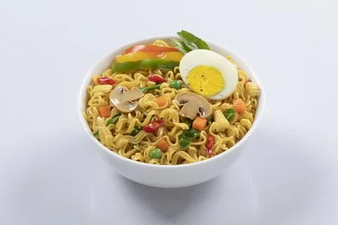 Plane, chicken, egg, beef, prawn instant noddle's isolated on white backgroun Stock Photos