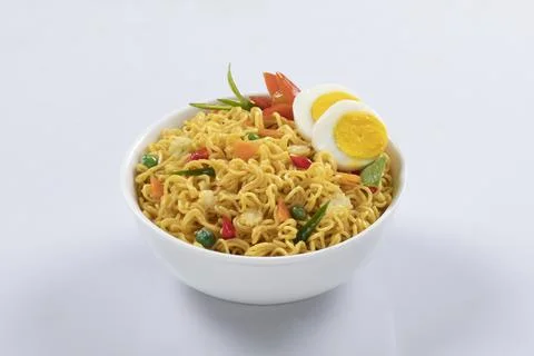 Plane, chicken, egg, beef, prawn instant noddle's isolated on white backgroun Stock Photos