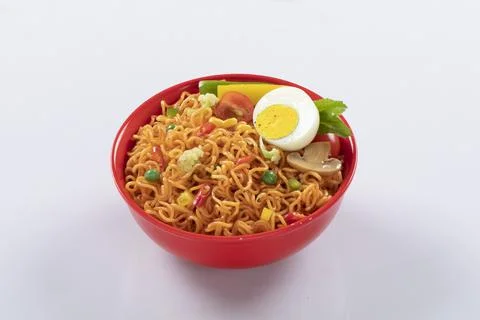 Plane, chicken, egg, beef, prawn instant noddle's isolated on white backgroun Foto stock