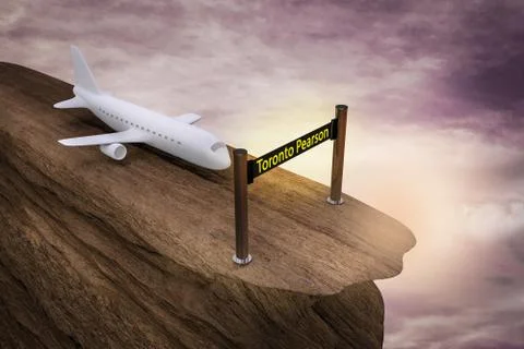 A plane on a cliff is blocking by warning tape at sunset magenta day. Stock Illustration