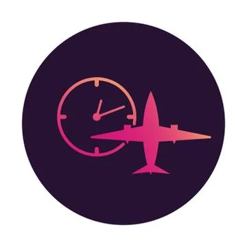 Plane clock icon gradient.Passenger jet .Flight status sign. Stock Illustration