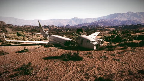 Plane crash site in remote area surrounded by mountains and vegetation Stock Footage 314596234