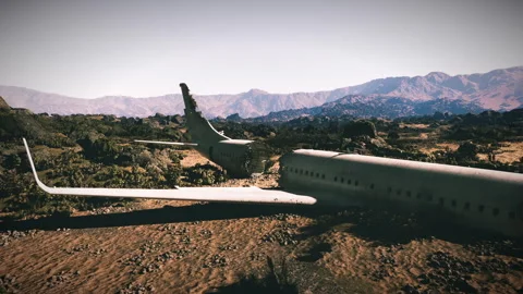 Plane crash site in remote area surrounded by mountains and vegetation Stock Footage 316626267