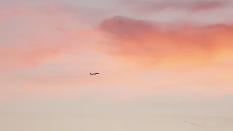 Plane darts across sunset pink sky in the evening Stock Footage 84216064