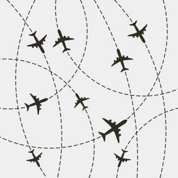 Plane with dashed path lines. airplane flight route Stock Illustration