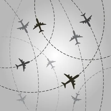 Plane with dashed path lines. airplane flight route Stock Illustration