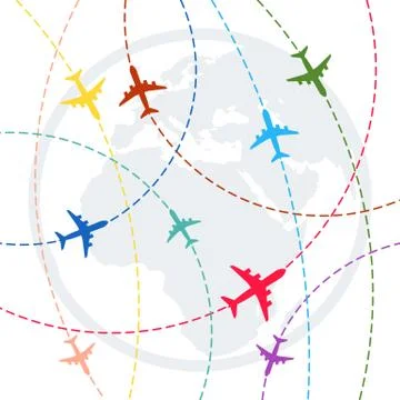 Plane with dashed path lines. airplane flight route Stock Illustration