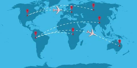 Plane dotted line path direction vector illustration travel map. Flight airli Stock Illustration