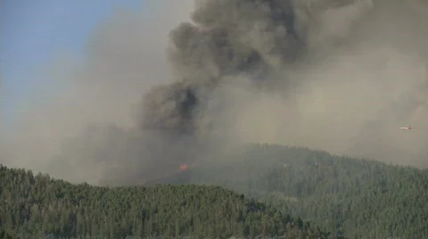 Plane dropping fire retardant on wildfire flames Stock Footage 877556