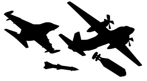 Plane drops a nuclear bomb. Fighter launches a rocket. Silhouette military ai Illustrazione stock