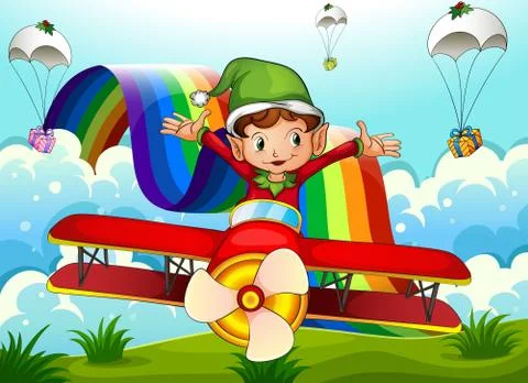 A plane with an elf and a rainbow in the sky with parachutes Illustrazione stock