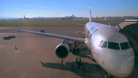 Plane engineer inspector checks plane, wing, engine, Lisbon airport. Stock Footage 110816890