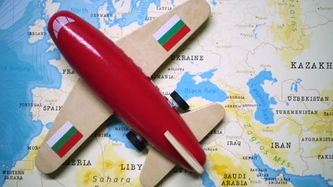 A plane with a flag of Bulgaria crossing the map. Stock Footage 143983469