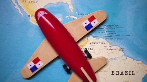 A plane with a flag of Panama crossing the map. Stock Footage 143982460