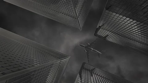 The plane flew over the tall building on a cloudy day Stock Footage 177210768