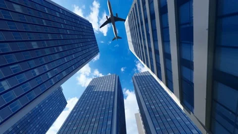 The plane flew overhead and over office buildings Stock Footage 169833604