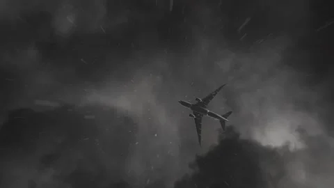 The plane flew under dark clouds on a rainy day Stock Footage 177212396