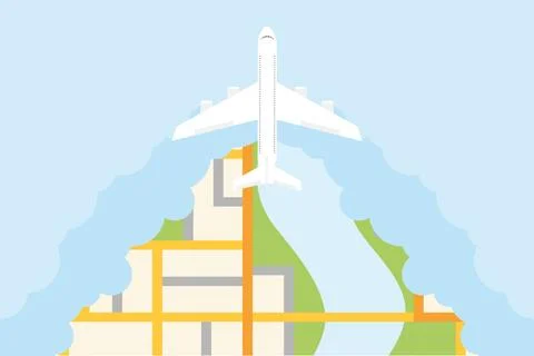 The plane flies in the clouds over the city. Flying airplane in the clouds. Ilustração Stock