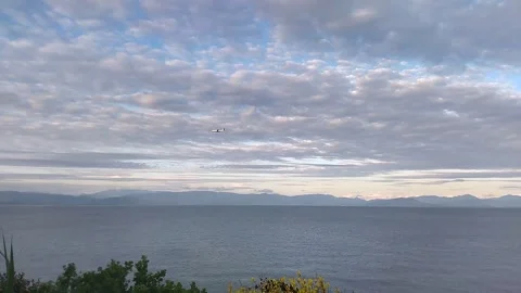 A plane flies in a cloudy sky over the sea Stock-Footage 320098134