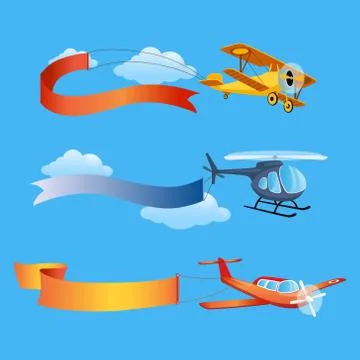 Plane Flies with Long Banners for Text on a Background of Sky Stock Illustration