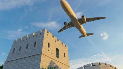 Plane flies over Badaling Great Wall Stock Footage 288172336