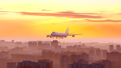 Plane flies over the city Stock Footage 288269030
