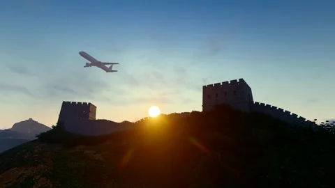 The plane flies over the Great Wall Stock Footage 295402034