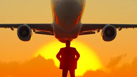 The plane flies over the head of a successful man at sunset Stock Footage 290999006