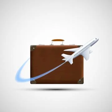 Plane flies round suitcase. Cargo delivery. Icon travel. Isolate Stock Illustration