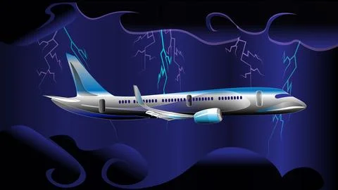 A plane flies in the sky in dark clouds during a thunderstorm, lightning fl.. Stock Illustration