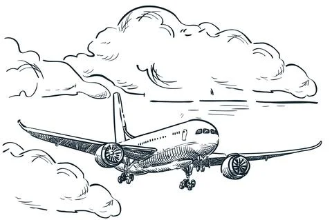 Plane flies in sky vector sketch illustration. Air travel, tourism flight han Stock Illustration