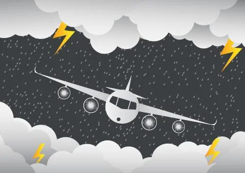 The plane flies through clouds. rainy Day and lightning in clouds, vector ill Stock Illustration