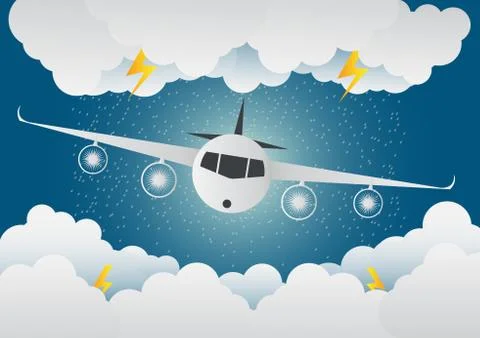 The plane flies through clouds. rainy Day and lightning in clouds, vector ill Stock Illustration