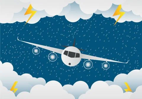 The plane flies through clouds. rainy Day and lightning in clouds, vector ill Stock Illustration