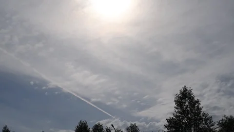 The plane flies through the sky in the clouds high above the trees Stock Footage 119801833