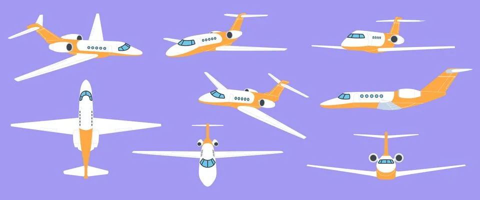 Plane in flight. Viewed above, side and front. Aircraft at tilted angle. Comm Stock Illustration